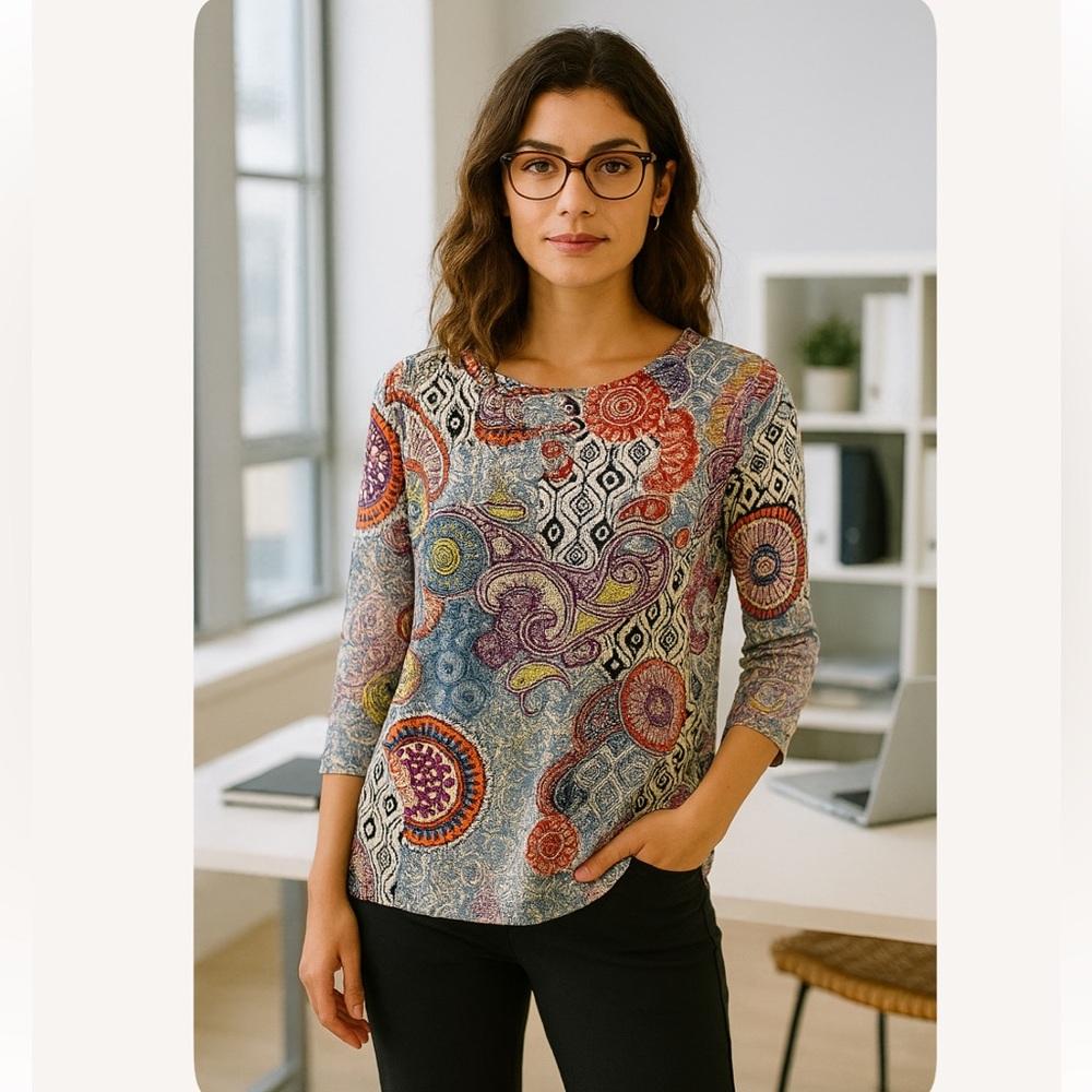 Chico's Multicolor Paisley Pullover Keyhole Blouse Top Women's Size Small